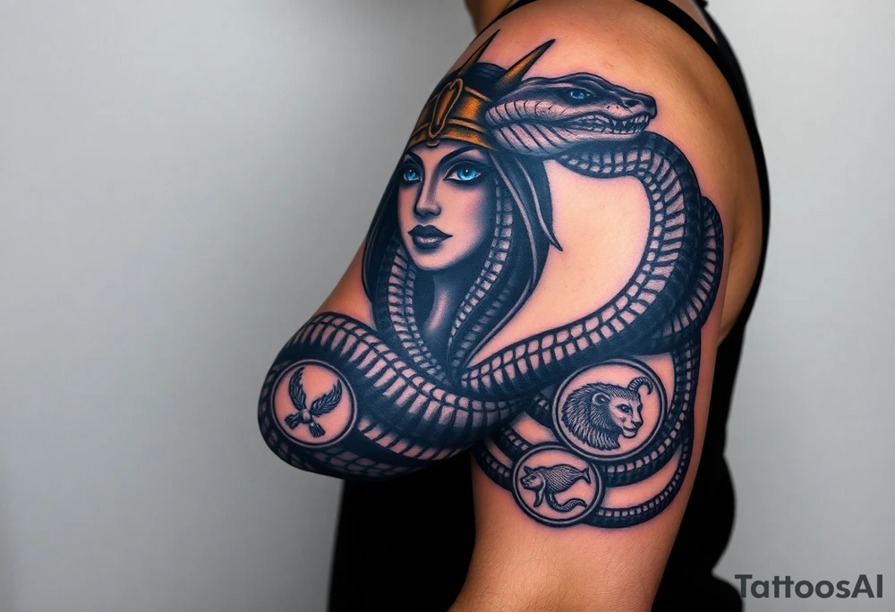 A DSLR photo of a full upper arm tattoo on a man's right arm, from neck to below the elbow. The tattoo shows the Egyptian goddess Renenutet with a serene and powerful female face, shaded with lifelike detail. Her eyes are vivid blue with white highlights. She wears a war crown (Mut or Isis style, with horns and a solar disk), and an ankh on the forehead. Her hair blends into a cobra hood that transitions into the serpent’s body wrapping around the entire arm. The cobra’s scales are deeply shaded black with white edge accents and subtle blue highlights on the back. The body coils protectively around the forearm, encircling three symbols: twin faces (Gemini), a lion’s head in relief (Leo), and a Capricorn with a horned goat and fish tail, each embedded in the snake’s body or stylized medallions. The tattoo glows slightly with white ink accents, giving it a vibrant, almost living presence. Photographed in soft studio lighting to highlight texture and shading, with visible skin grain and depth of ink. tattoo idea