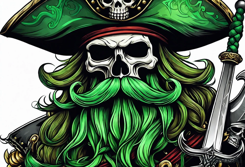 green pirate squid holding sword and anchor, black hat, skull face, beard tattoo idea