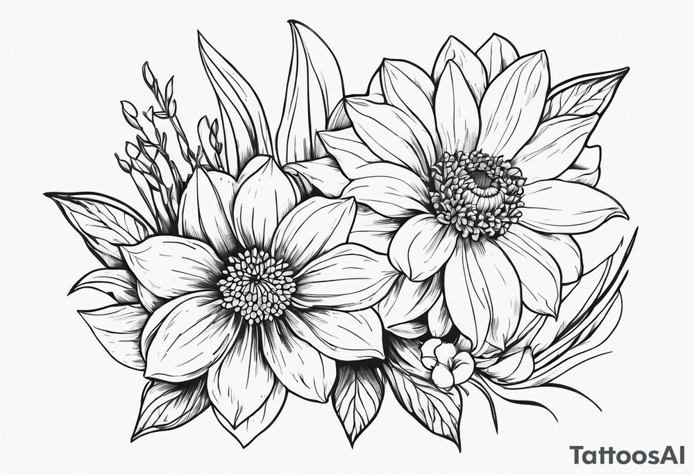 chrysanthemum and daffodil linework tattoo idea