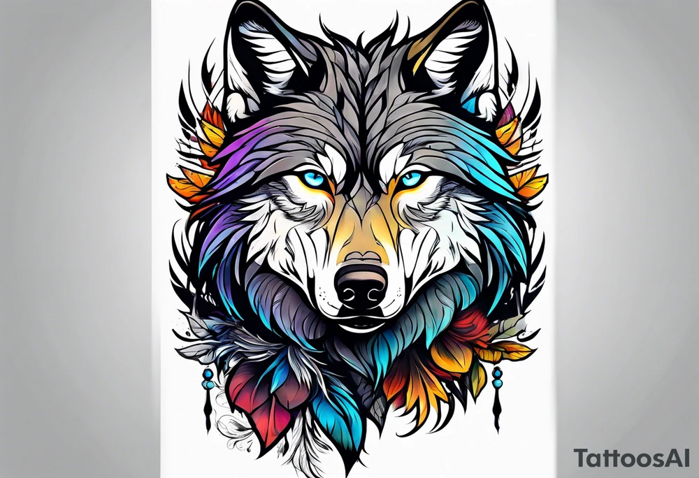 a colorful wolf with a Raven tattoo idea