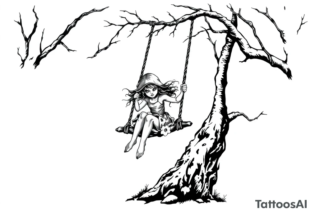 creepy little girl in the woods on a rope swing tattoo idea