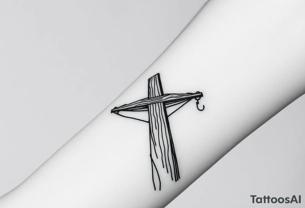 a wooden 12kv distribution pole with electrical lines. Make the pole a cross that has a hidden resemblance to god. tattoo idea