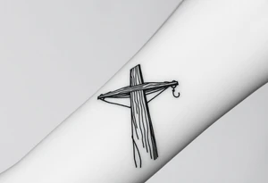 a wooden 12kv distribution pole with electrical lines. Make the pole a cross that has a hidden resemblance to god. tattoo idea