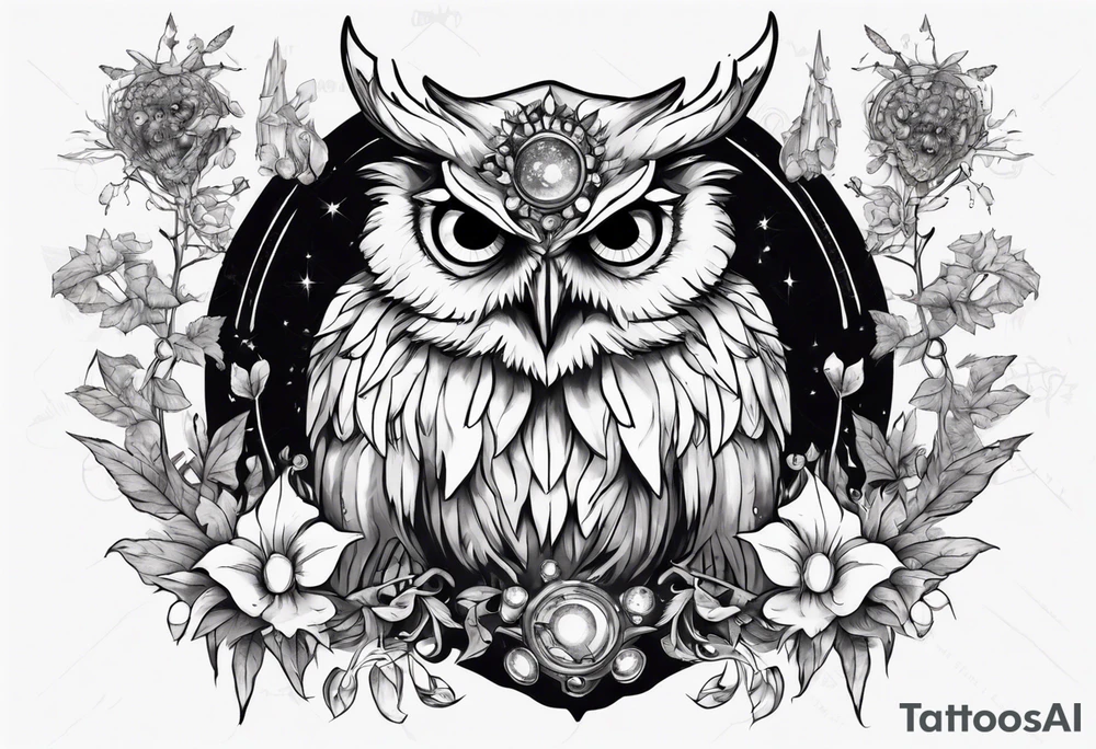 Demon crowned Owl surrounded by poisonous plants, crystals and astrology. tattoo idea