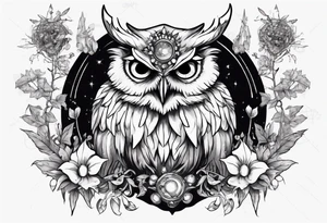 Demon crowned Owl surrounded by poisonous plants, crystals and astrology. tattoo idea