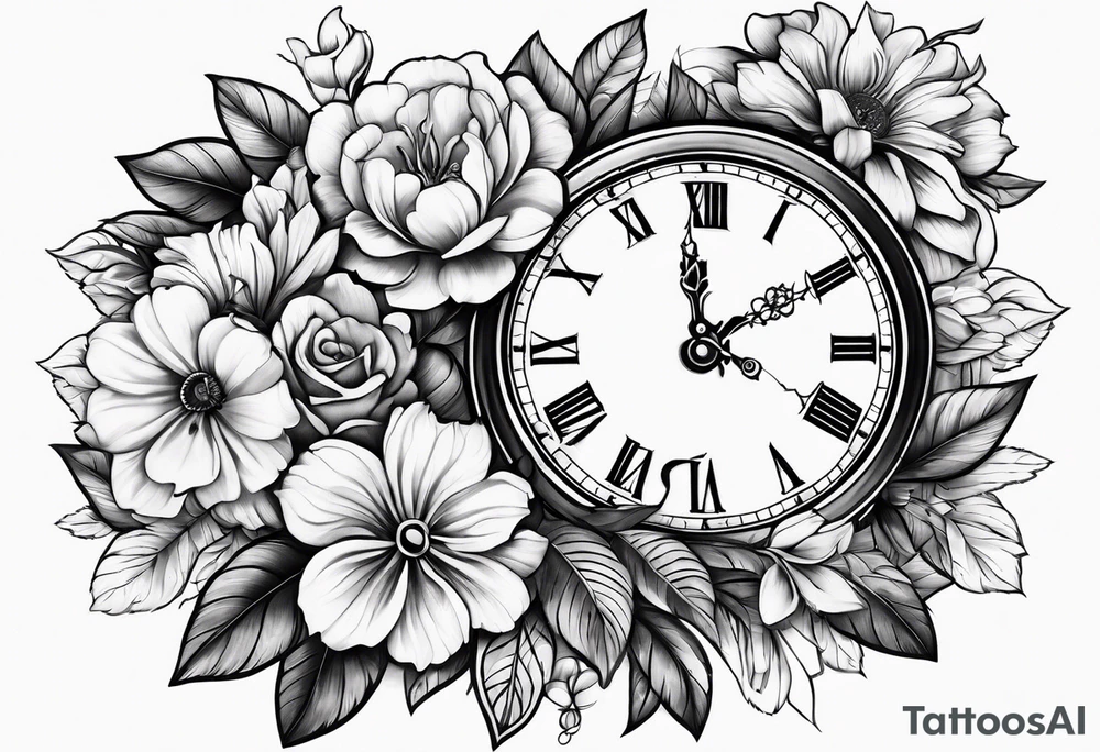 Flowers and clock tattoo idea