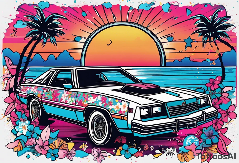 1980's miami vice style beach dance 
party, include confetti, music notes, boom box, bikinis sunset in the center tattoo idea