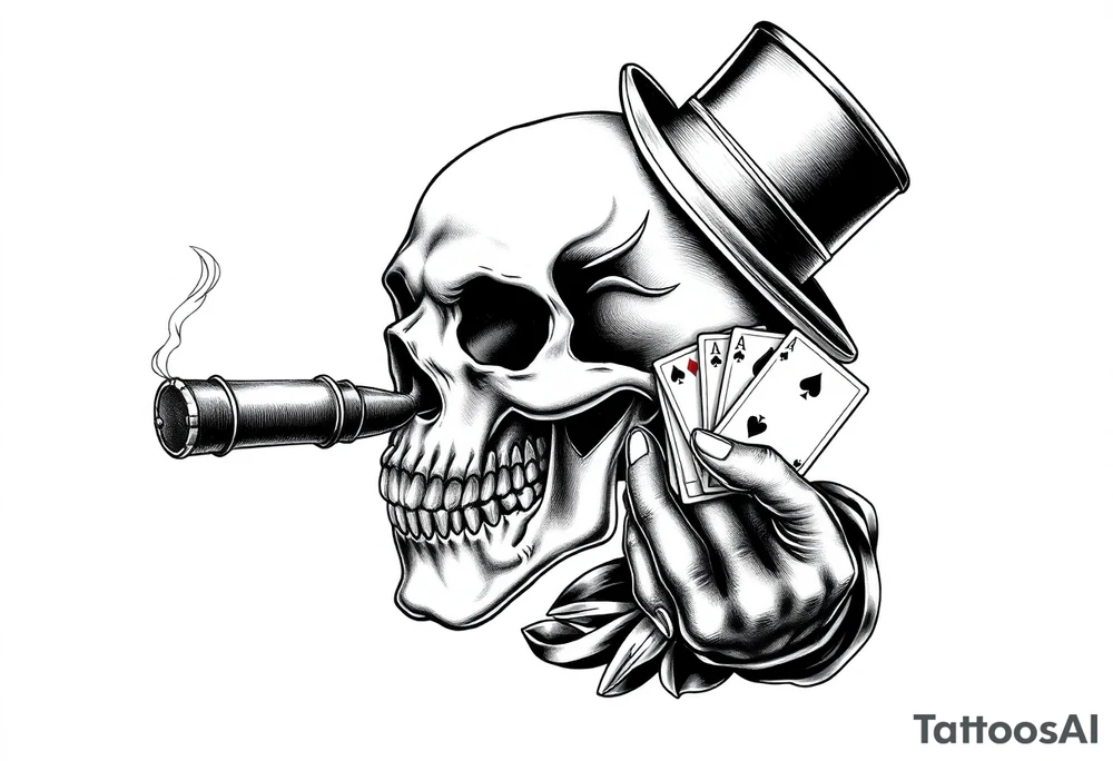 a skull with mustache, a big cigar in his mouth,top-hat on his head and playing cards in a hand. tattoo idea