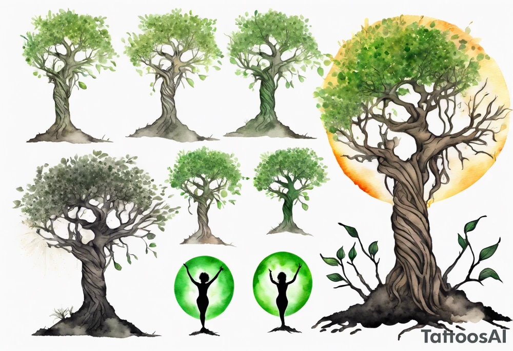 A solitary tree woman with dark skin with green eyes with feet planted in the dirt and branch arms reaching up towards the sun tattoo idea