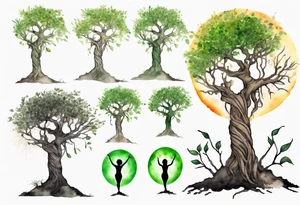 A solitary tree woman with dark skin with green eyes with feet planted in the dirt and branch arms reaching up towards the sun tattoo idea