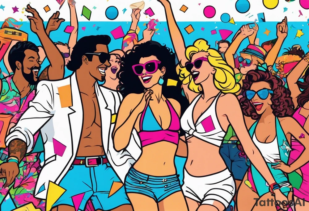 1980's miami vice style beach dance 
party, include confetti, music notes, boom box, bikinis tattoo idea