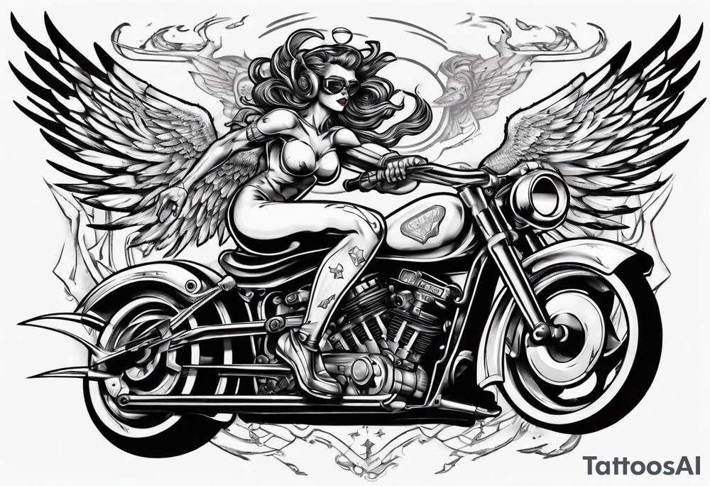 cyber angel riding a motorcycle, dynamic stance tattoo idea