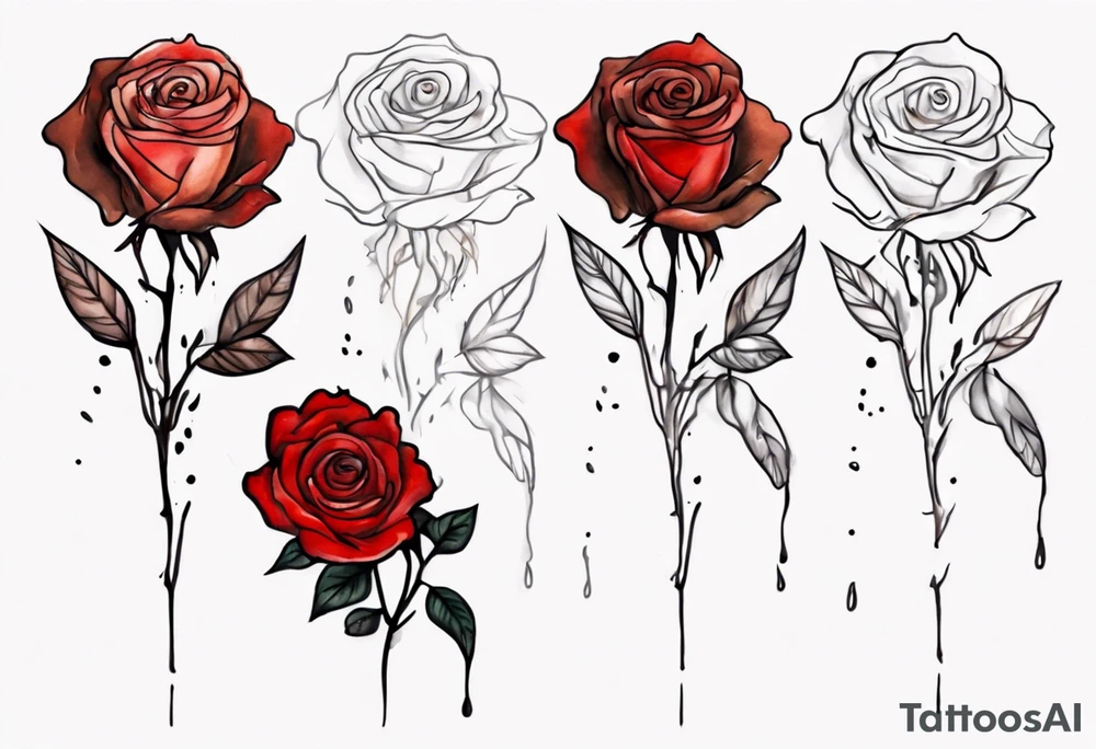 rose flower, one line, red blood dripping from the flower, tall, watercolor on brown skin tattoo idea