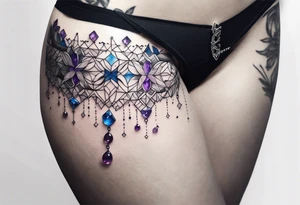 Delicate but strong garter tattoo band with sprinkles of stars and the amethyst, blue sapphire and peridot birthstones tattoo idea
