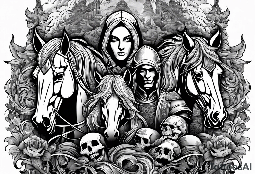 4 horsemen of the apocalypse with skulls tattoo idea