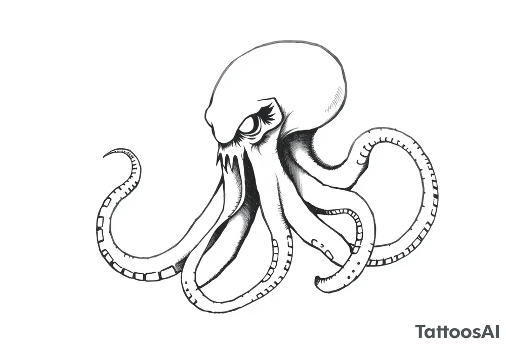 A minimalist blackwork tattoo design of an evil kraken The kraken is viewed from a 45-degree angle facing left, with its head centered. The tentacles extend only to the left and right, with none going downward beneath the head. The style is clean, fine-line detailing with bold outlines, avoiding heavy shading. The tentacles should be fluid, aggressive, and striking, enhancing the menacing and eerie look of the kraken while maintaining a cohesive design for a tattoo sleeve. tattoo idea
