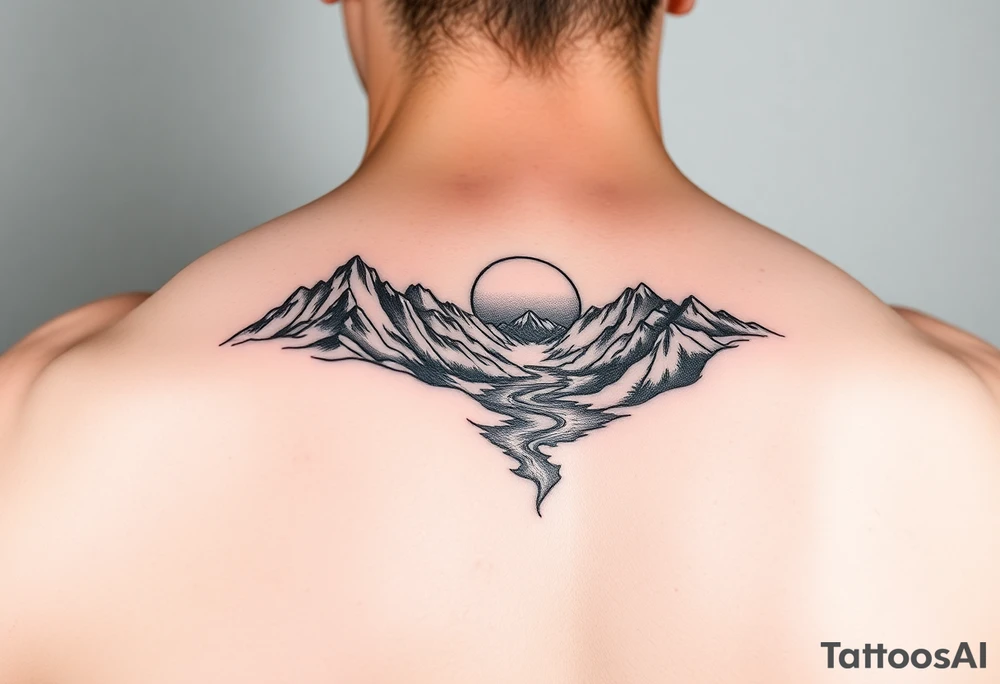 mountains with river and sunset upper arm tattoo tattoo idea