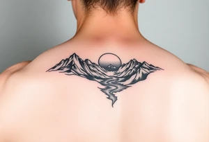 mountains with river and sunset upper arm tattoo tattoo idea