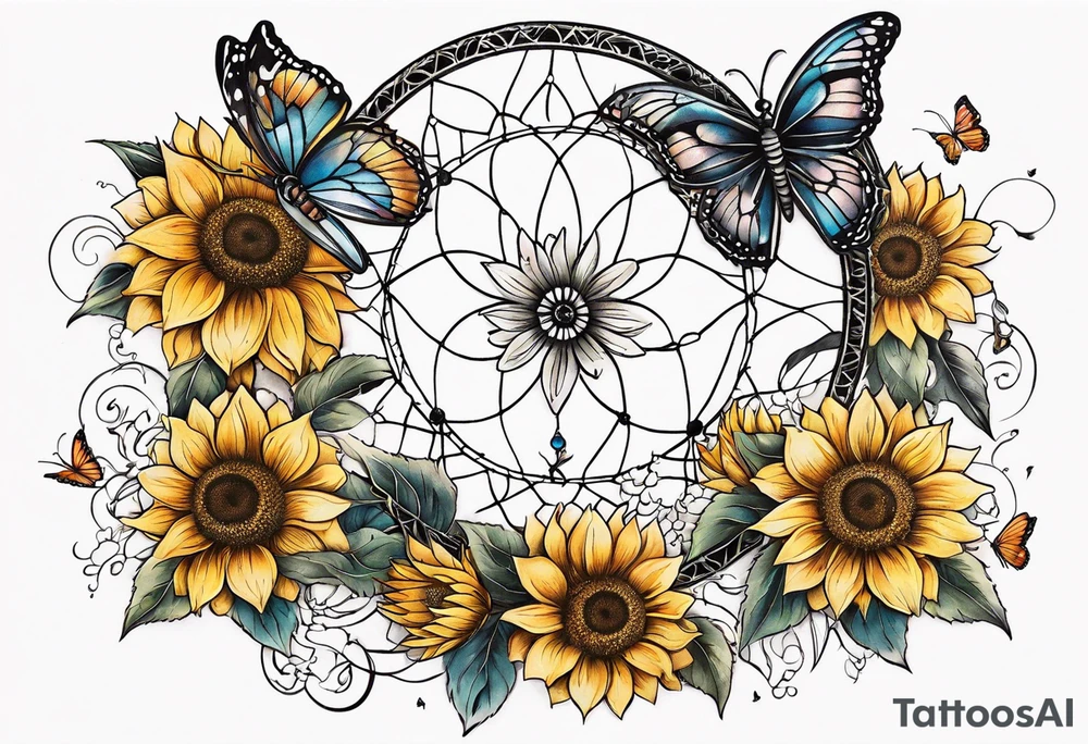 Dream catcher with sunflower in back ground with butterflies tattoo idea