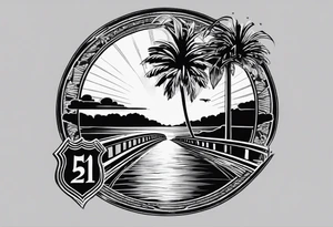 florida palm tree with interstate 4 sign and a tropical background tattoo idea