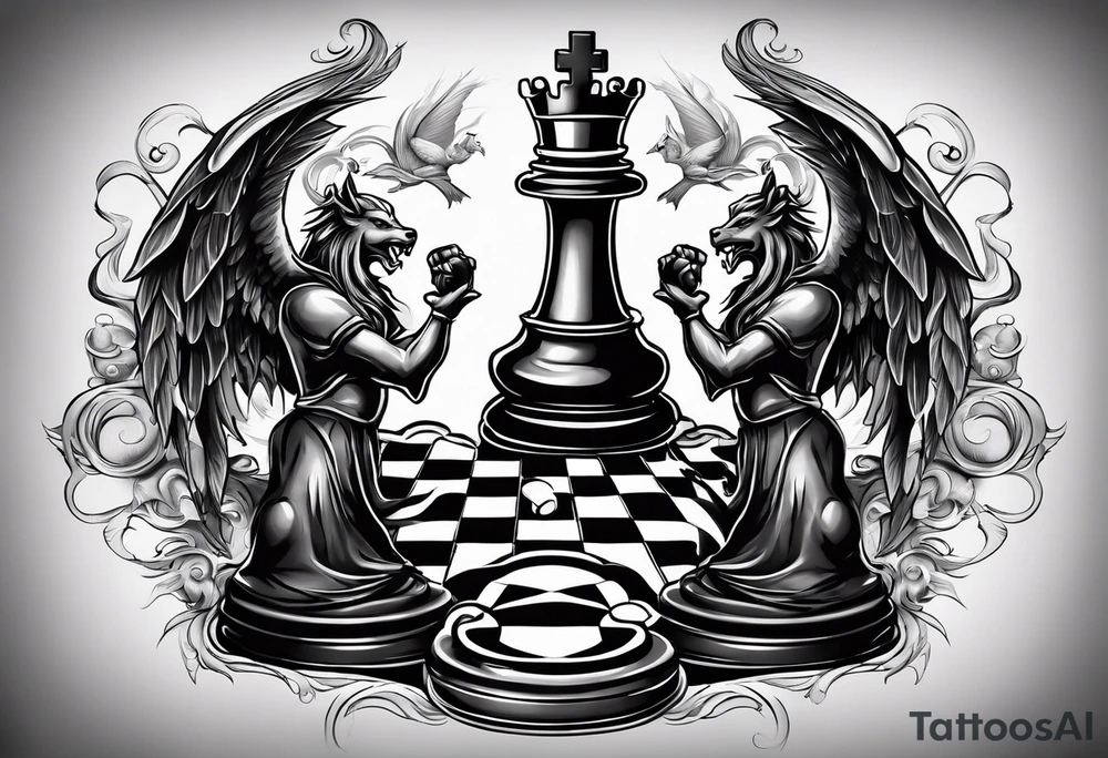 good and evil on sides with  chessboard in the middle with angelic and demonic chess pieces engaged in a strategic game, symbolizing the eternal battle between opposing forces. tattoo idea