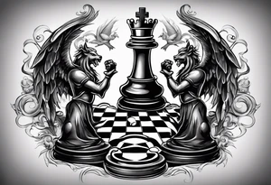 good and evil on sides with  chessboard in the middle with angelic and demonic chess pieces engaged in a strategic game, symbolizing the eternal battle between opposing forces. tattoo idea