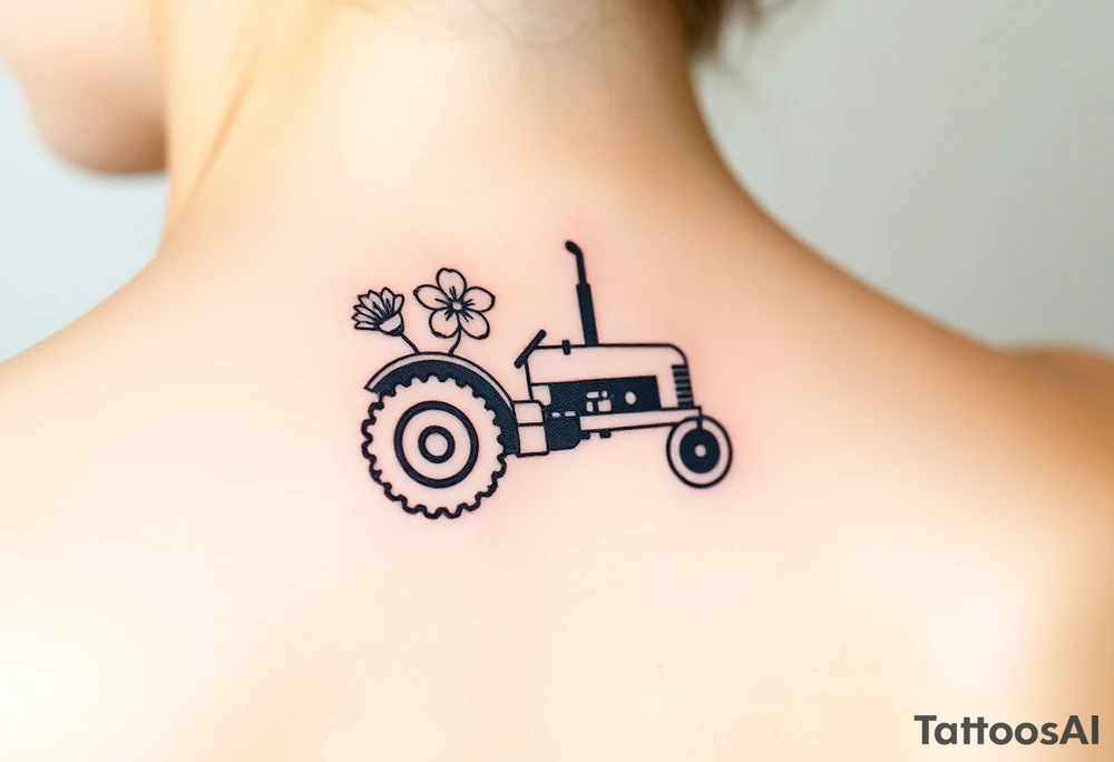 Petite small tractor with two flowers on it tattoo idea