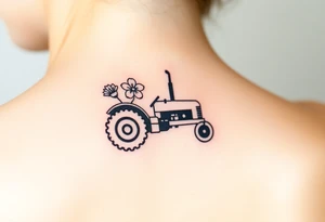 Petite small tractor with two flowers on it tattoo idea