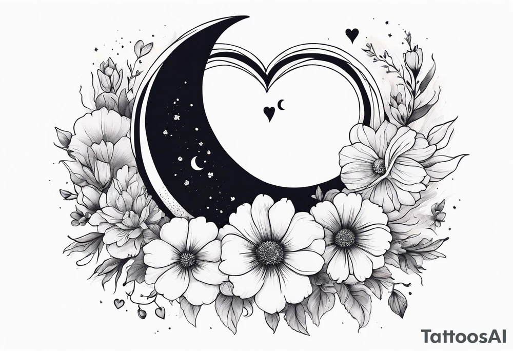 Crescent moon with a heart inside, shrouded by beautiful flowers with wisps of mist tattoo idea