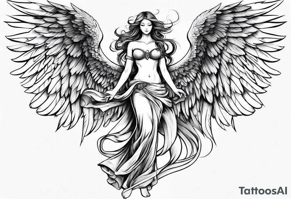 standing angel with low wings tattoo idea