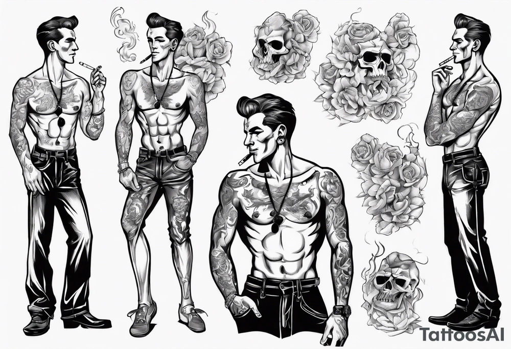 One handsome man with bare torso, full-length, no hat, earrings in his ears stands smoking a cigarette tattoo idea