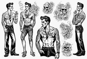 One handsome man with bare torso, full-length, no hat, earrings in his ears stands smoking a cigarette tattoo idea