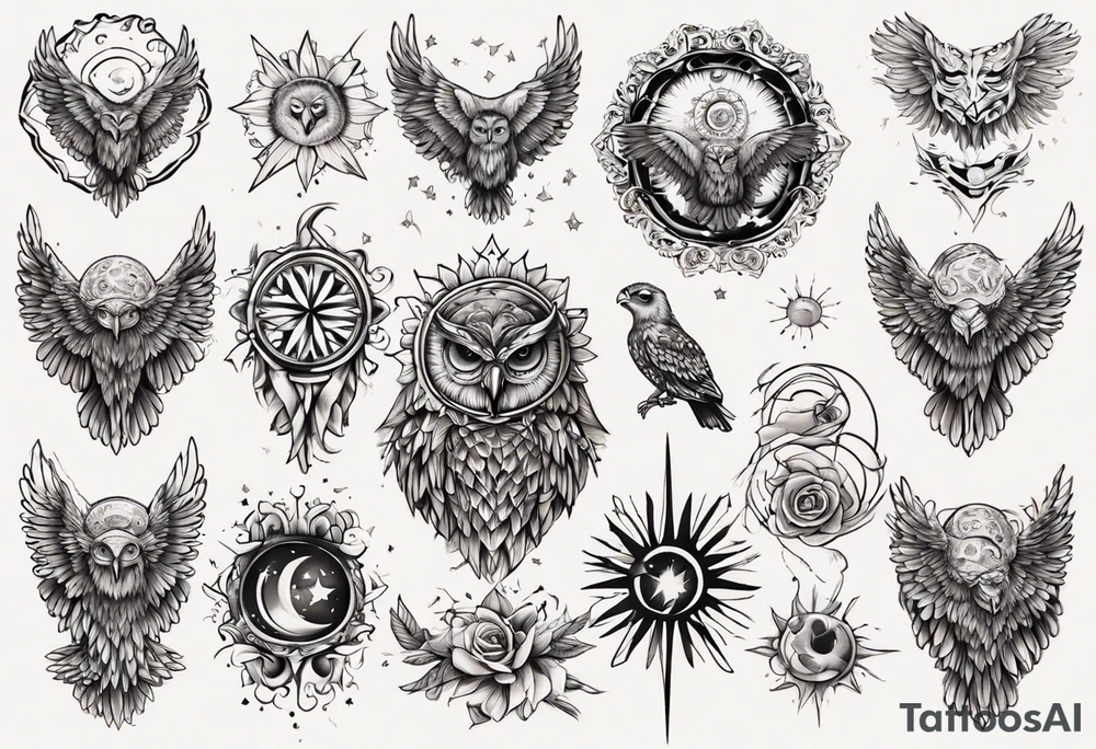 Eule und sonne tattoo idea