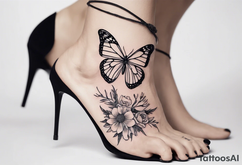 Butterfly wrap tattoos with large centre piece with moon and floral theme. Bracelet around ankle show on ankle tattoo idea