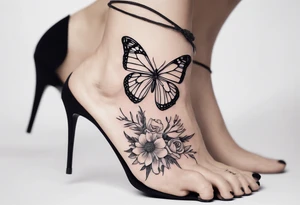 Butterfly wrap tattoos with large centre piece with moon and floral theme. Bracelet around ankle show on ankle tattoo idea