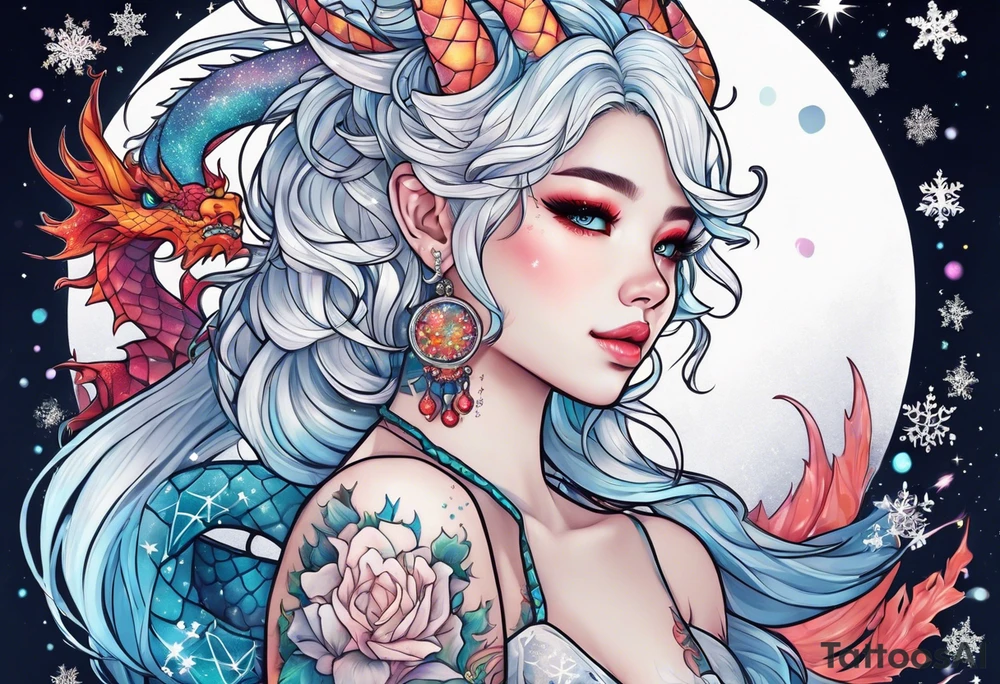 Constellation, kawaii dragon girl , snowflake tattoo idea