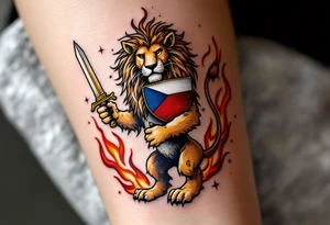 A Czech lion holding a golden sword in one paw and a shield with the national emblem in the other, surrounded by medieval-style flames. tattoo idea