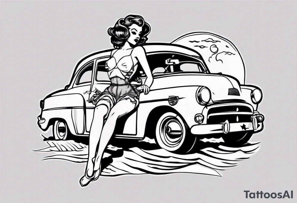 Pinup doll riding old car along the beach tattoo idea