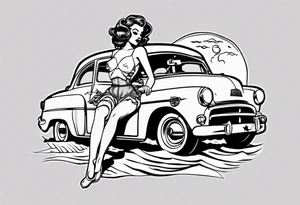 Pinup doll riding old car along the beach tattoo idea