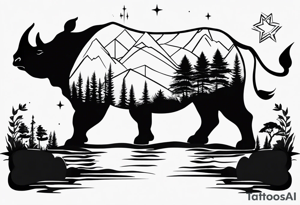 Fineline art minimalistic tattoo with African continent outline as focus, camping which indicates adventure spirit, rhino, symbol of strength,  motherhood, pisces stars, lotus, sun, vertical alignment tattoo idea