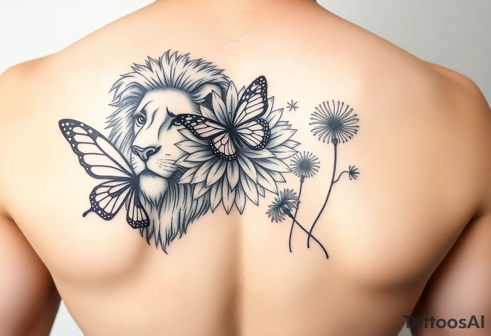 Lion, butterfly, Dahlia, dandelion tattoo idea