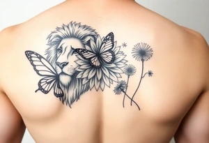 Lion, butterfly, Dahlia, dandelion tattoo idea