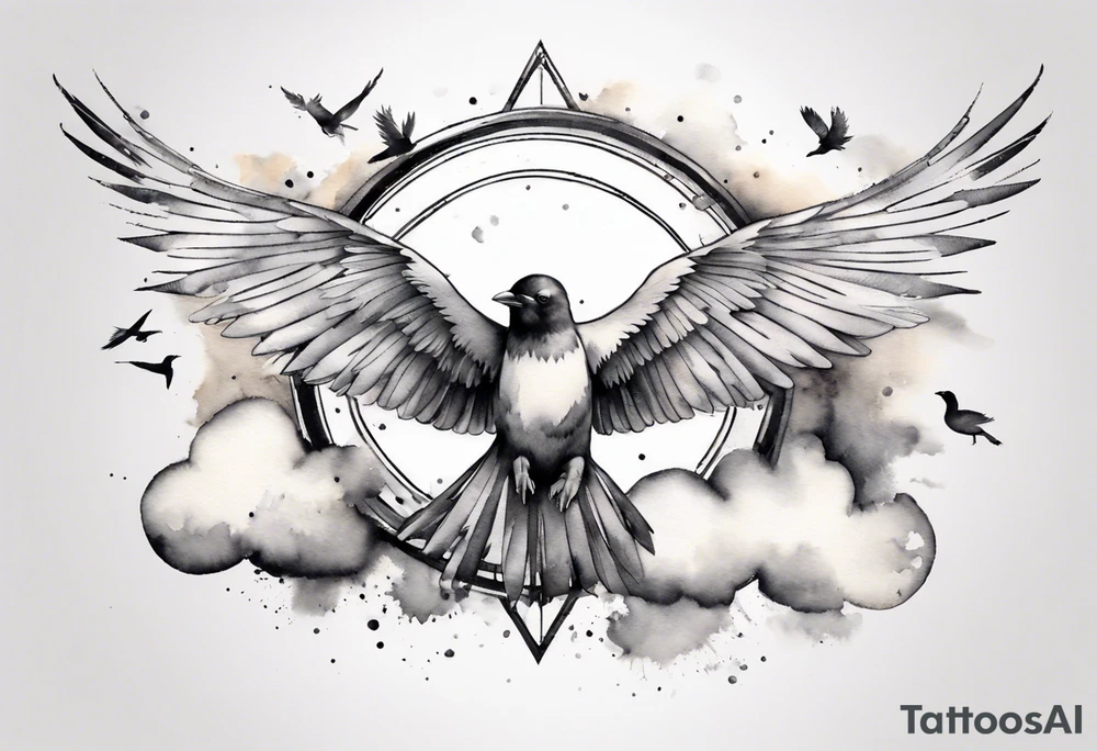 shoulder tattoo with light rays with birds flying free among the clouds, round shape, 3d effect tattoo idea