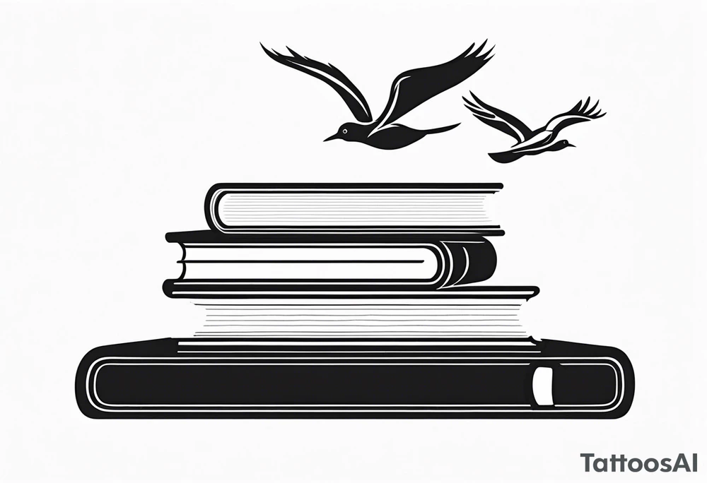 Stack of three books. Top book is open with silhouettes of birds flying out of it. tattoo idea