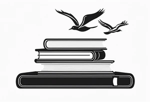 Stack of three books. Top book is open with silhouettes of birds flying out of it. tattoo idea