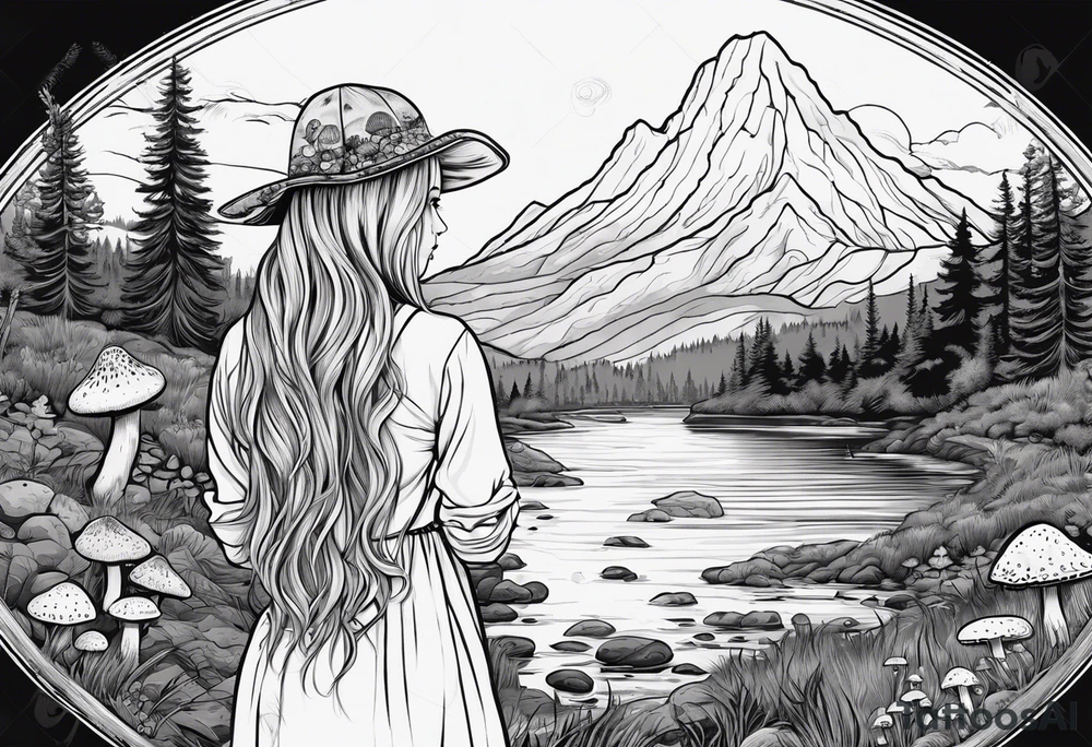 Whole picture encircled fully

Straight long blonde hair hippie girl in distance holding mushrooms in hand facing away toward mountains and creek surrounded by mushrooms long sleeve shirt and hiking pants; whole rendering within a full circle, no cut off circle tattoo idea