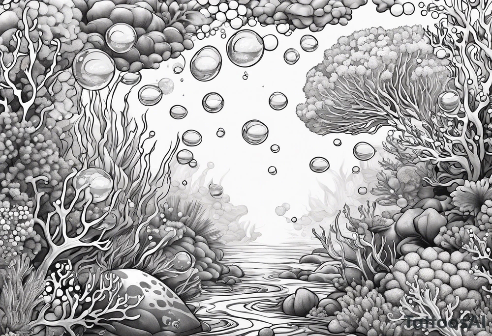 dark underwater coral reef with bubbles, flowing water lines tattoo idea