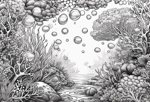 dark underwater coral reef with bubbles, flowing water lines tattoo idea
