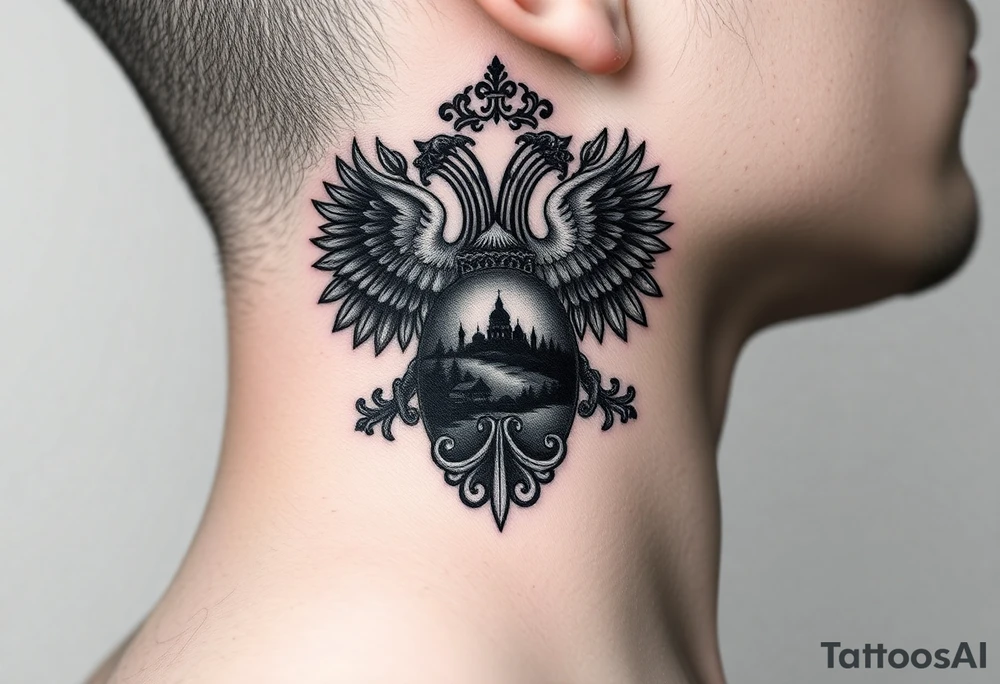 Traditional authentic Russian coat of arms with double headed eagle & a well shaded Christian orthodox virgin marry in the middle with silhouette of a lake in a Russian wilderness Christian orthodoxy dome church village setting on the side of my neck tattoo idea