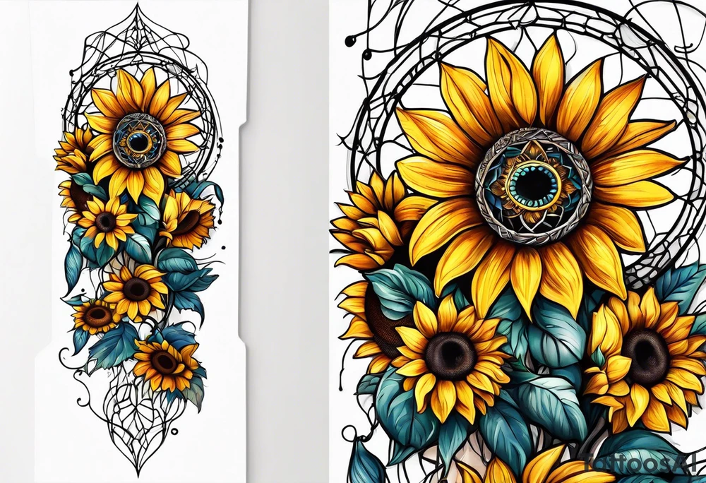 Dreamcatcher and sunflowers forearm sleeve tattoo idea
